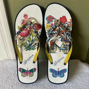 NWOB Brighton Sunny Platform White Floral Flip Flops with Yellow Straps Sz 10